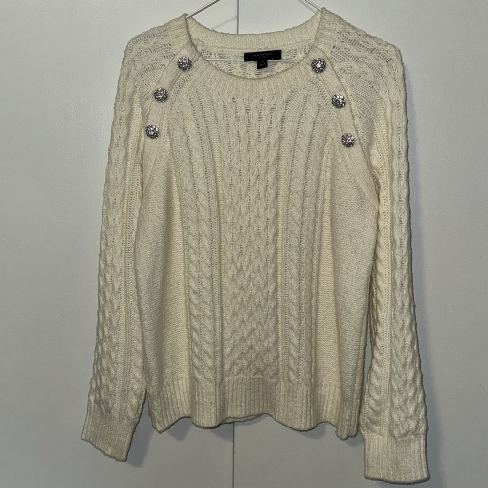 Ann Taylor Petite Jeweled Cable Knit Sweater Wool Blend Ivory Women’s Large LP